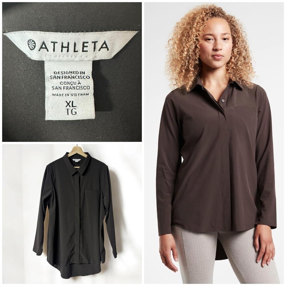 Athleta Urbanite Top 2.0 Button Front Work Travel Stretch Relaxed Walnut Brown